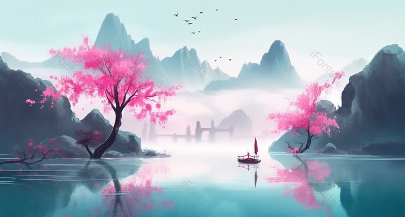 氛围感在湖面上划船水墨背景图,插画/手绘图,插画/手绘图库,插画/手绘图下载,插画/手绘